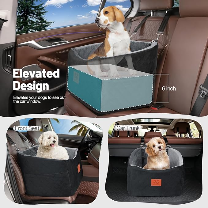Dog Car Seat for Small Medium Dogs, Memory Foam Booster Car Seat for Dogs up to 35 lbs, Elevated Pet Car Seat with Washable Removable Cover and Storage Pockets (Black/Gray)
