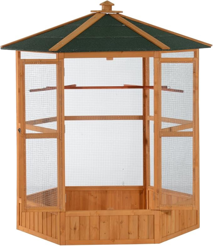 PawHut 69" Large Wooden Hexagonal Outdoor Aviary Flight Bird Cage with Covered Roof, Brown