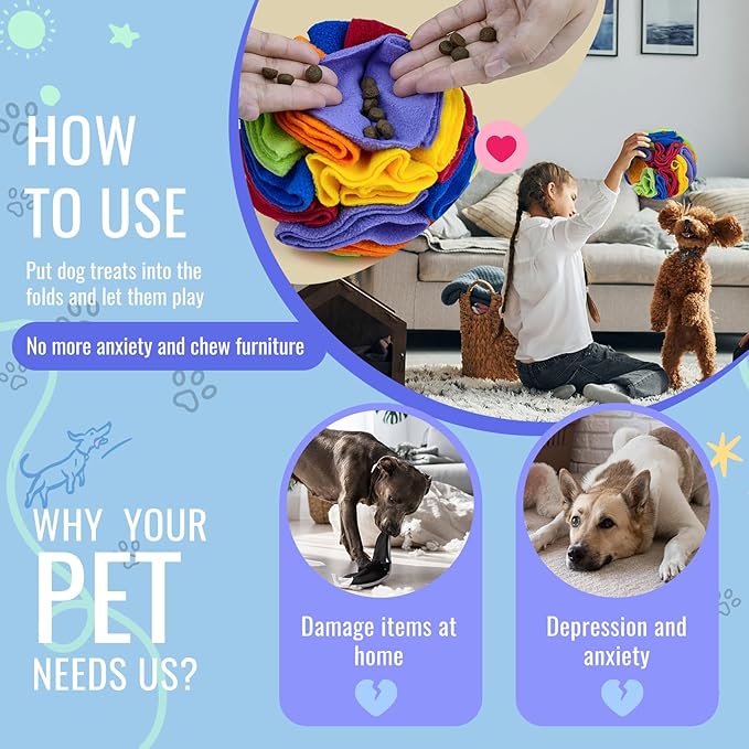 Pet Snuffle Ball, Puzzle Sniffing Interactive Dog Ball for Blind Dogs Training Stress Relief Dog Enrichment Toys Treat Machine Washable (20cm, Rainbow Color)