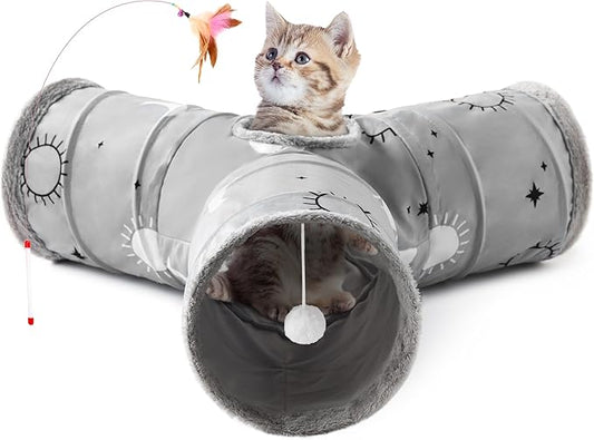 Tempcore Pet Cat Tunnel Tube Cat Toys 3 Way Collapsible, Cat Tunnels for Indoor Cats Fleece-Lined in for Warmth,Kitty Tunnel Bored Pet Toys Peek Hole Toy Ball Puppy, Kitten, Rabbit Gray Sun