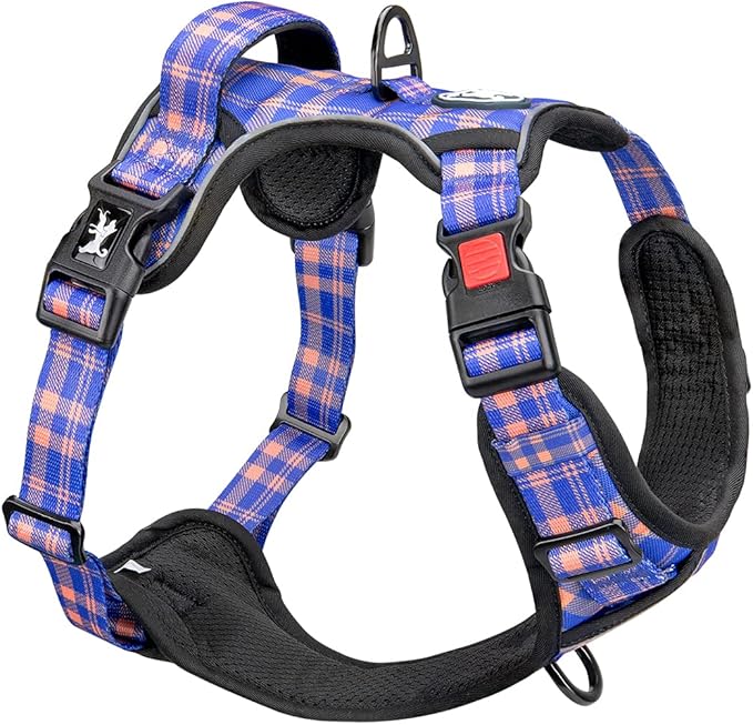 PoyPet No Pull Dog Harness, Reflective Adjustable No Choke Pet Vest with Front & Back 2 Leash Attachments, Soft Control Training Handle for Small Medium Large Dogs(Checkered Blue & Orange,M)