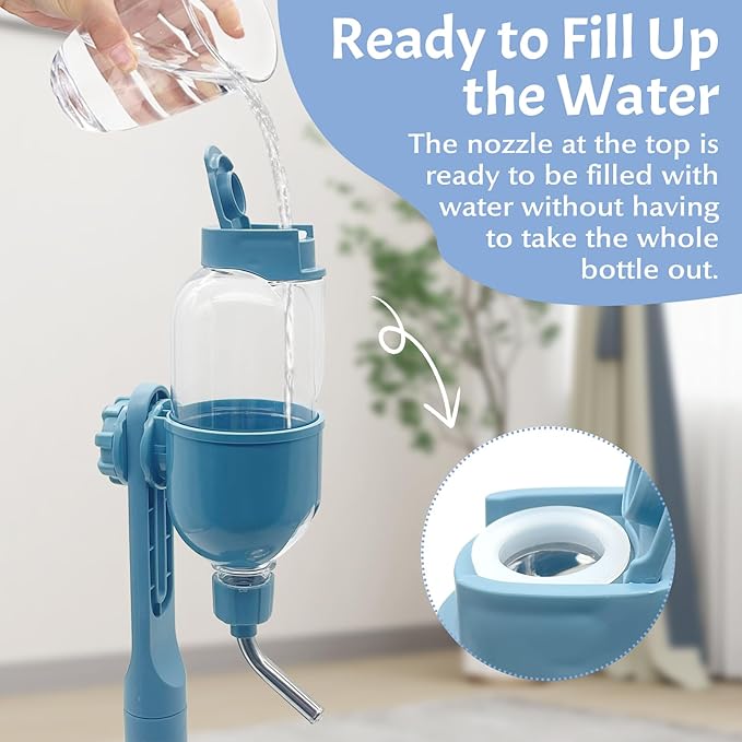 Fhiny Dog Water Feeder Bottle with Stand, Dispenser Automatic Water Food Bowl for Cage No-Drip Leak-Proof Adjustable Raised Pet Slow Water Bottle Dog Kennel Durable Drinker (Blue, 17oz)