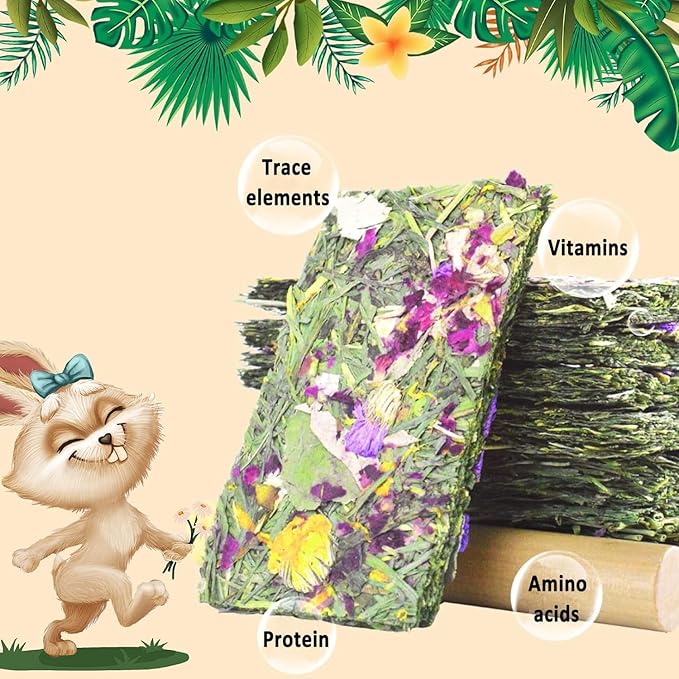 Hamiledyi Rabbit Chew Toys 15 Pieces Natural Timothy Hay Chips Chew Treats with Herbal Floral Scent for Rabbit Guinea Pig Hamster Chinchilla
