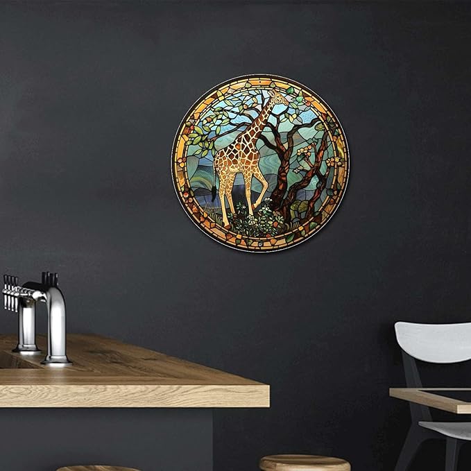 Lygond Metal Sign Tin Sign Circular Stained Glass Giraffe Bathroom Signs for Home for Gift 12×12 Inches