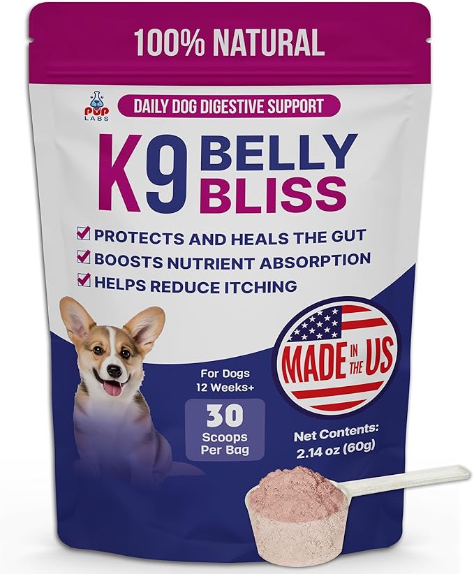 K9 Belly Bliss, All-Natural Gut Health for Dogs, Vet Approved Prebiotic for Dogs for Daily Digestive Support and Dog Constipation Relief, Easy to Use Topper for Dry and Wet Food, 30 Scoops.