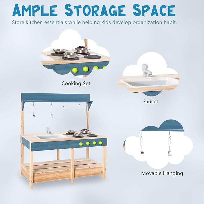 Mud Kitchen Playset for, Outdoor Wooden Toy Play Kitchen Set for Boys and Girls, Kitchen Accessories and Garden Sink with Faucet, Blackboard, Cookware Pot (Blue1)