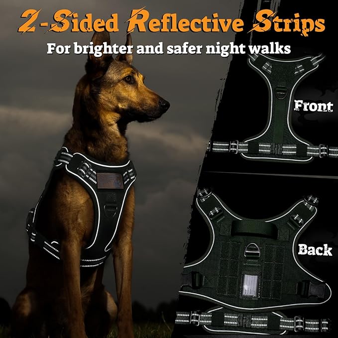 rabbitgoo Dog Harness for Large Dogs No Pull, Tactical Service Pet Vest with Molle and Control Handle, Adjustable and Reflective Military Harness for Easy Walking and Training, Green, XL