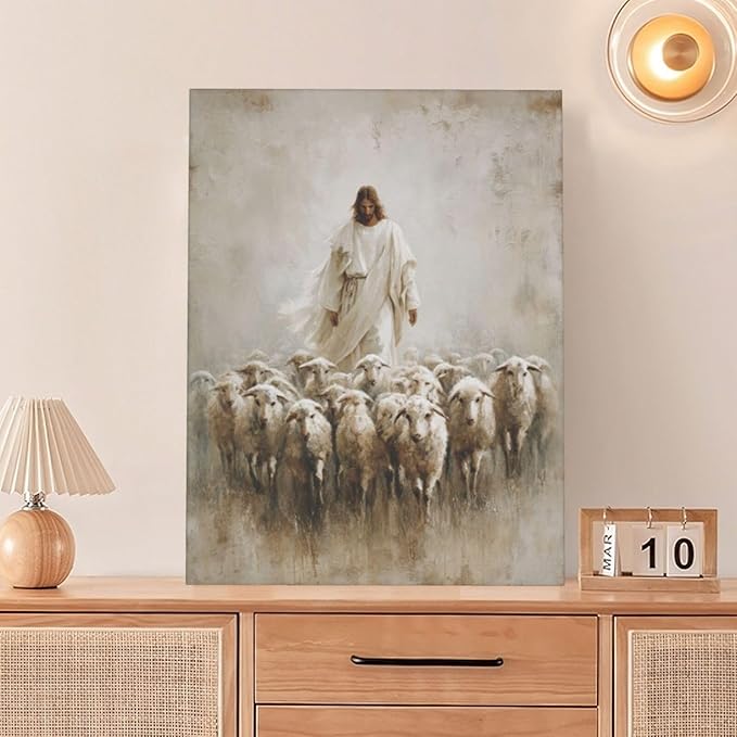 Jesus and Lamb Wall Art Christian Jesus Lamb Canvas Wall Decor Christ Religious Pictures painting Print Framed Artwork Decorations Gifts for Living Room Bedroom Prayer Room Church 12"x16"