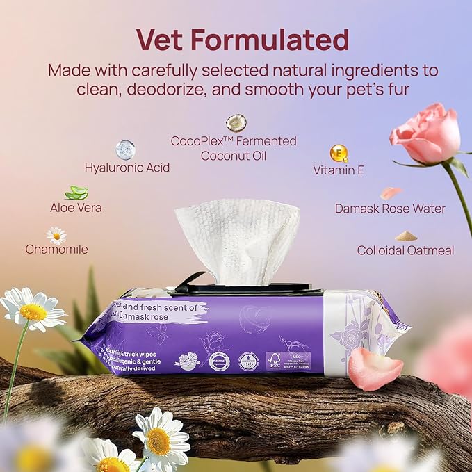 HICC PET Cleaning Deodorizing Wipes for Dogs & Cats, Vet Recommended Nourishes Smoothes Fur Pet Grooming Wipes with Fermented Coconut Oil (400 Counts (Thicken), Rose)