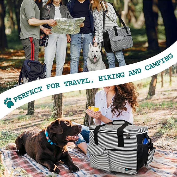 PetAmi Dog Travel Bag - Travel Pet Organizer with Food Container and Bowls, Perfect for Weekend Camping, Cat Diaper Bag (Stripe Black, Medium)