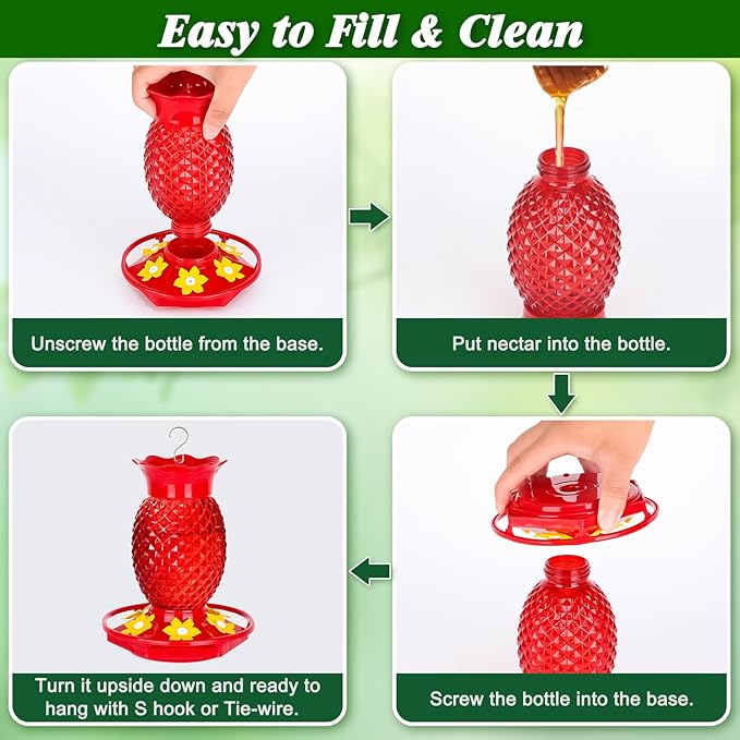 Glass Hummingbird Feeders for Outdoors Hanging Ant and Bee Proof 16OZ 2 Pack Red Pineapple Humming Bird Feeder with 6 Feeding Ports and Ant Moat Hummingbird Gifts for Women Garden Decor