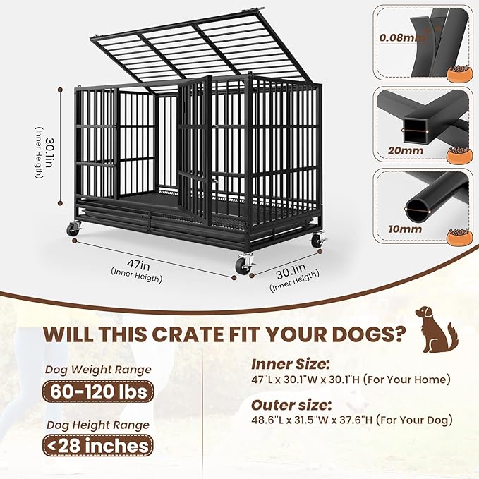 LEVELEVE 48 Inch Heavy Duty Indestructible Dog Crates for Large Dogs,Escape Proof Dog Cage Large Dogs with Lockable Wheels,Dog Kennel Furniture Indoor&Outside