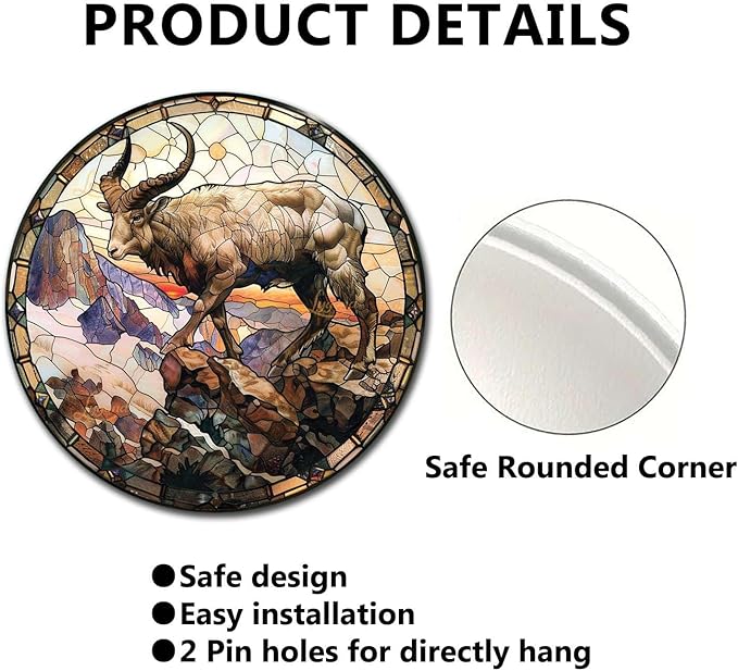 Lygond Metal Sign Tin Sign Circular Stained Glass Mountain Goat Tin Sign Gift for Garage 12×12 Inches