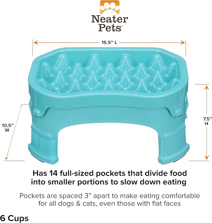Neater Pet Brands – Neater Raised Slow Feeder Dog Bowl – Elevated and Adjustable Food Height - (6 Cup, Aquamarine)