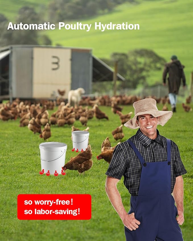 Professional Chicken Waterer Cups, 30 Packs Large Automatic Poultry Water Feeder with Tee Fittings - Leakproof Design for Ducks, Chickens, Geese, Turkeys, Birds - Includes Mounting Hole Opener Tool