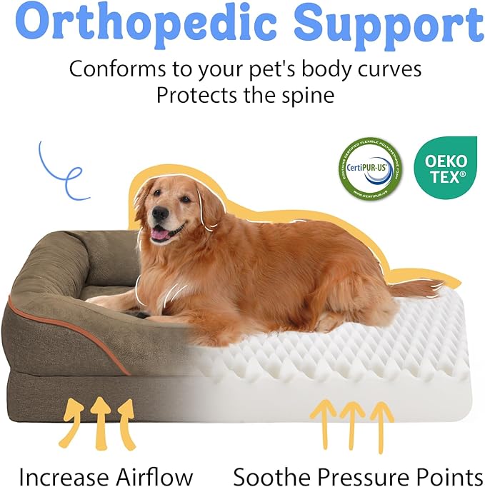 Orthopedic XL Large Dog Bed - Removable Bolster & Waterproof Washable Cover for Pet Big Dogs Bed Extra Large Dog Beds with Foam Support Non-Slip Bottom
