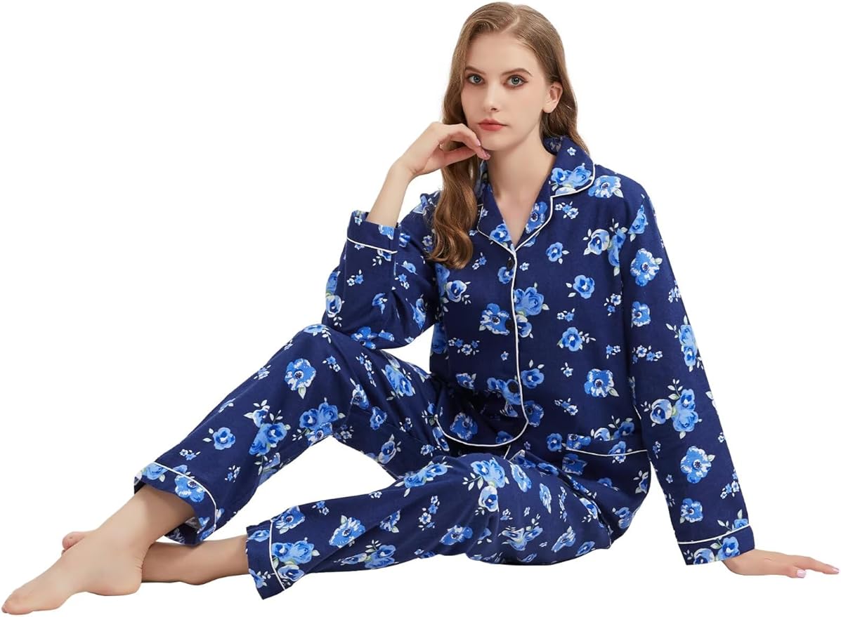 GLOBAL Flannel Pajamas for Women 2-Piece Comfy and Cozy Flannel Pj Set Cotton Loungwear