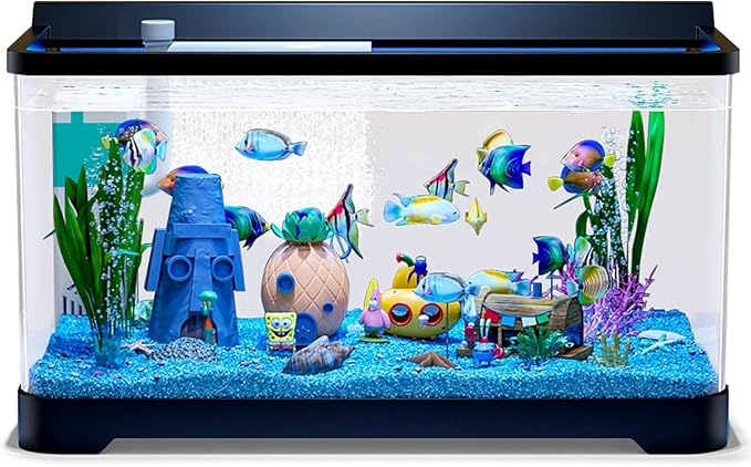 LED Aquarium Fish Tank Kit,(Light + Filter + Green Plants + Blue Sand + Pineapple Houses + Shells) Black, 4.5 Gallon