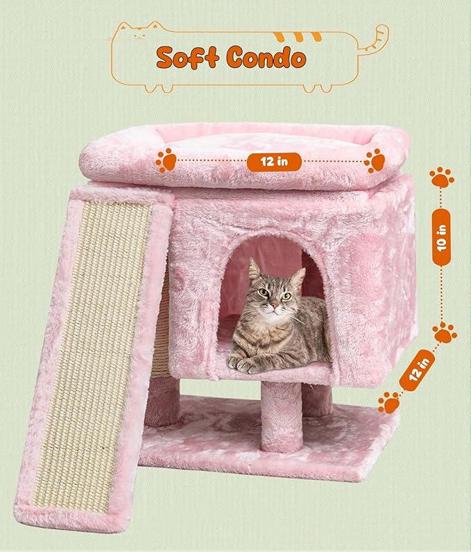 SYANDLVY Small Pink Cat Tree with Perch for Indoor Cats, Cat Tower with Scratching Post, Modern Activity House for Large Cats, Condo with Board, Kittens Cave