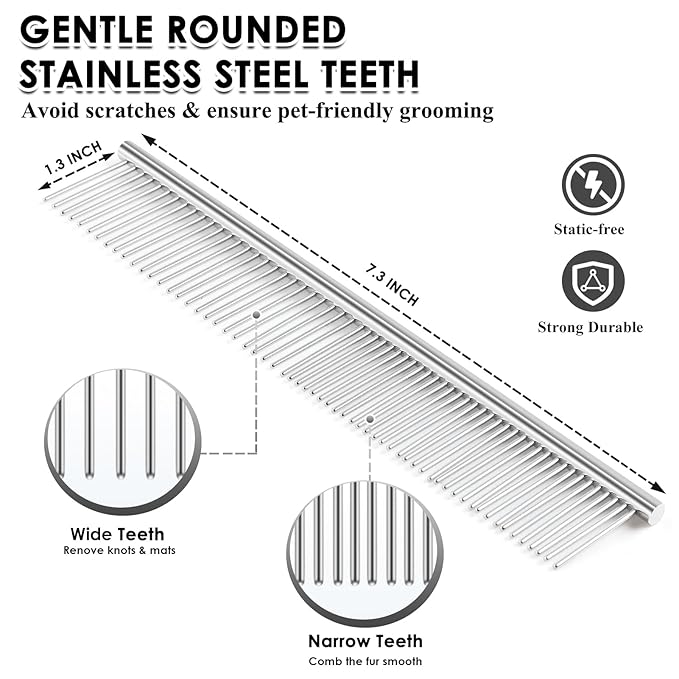 Large Dog Slicker Brush & Comb Set with Leather Sleeves - Long Pin Deshedding Brush for Golden Retrievers, Poodles, Doodles & Thick Coats, Wood Handle Pet Grooming Kit for Dogs, Cats. Black