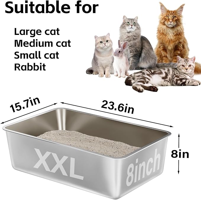 Stainless Steel Litter Box,XXL Metal Cat Litter Box for Big Cats 8IN Deep, Cat LitterBox High Sided Pet Toilet Easy to Clean,Cats Litter Pan for Adult Cats,Non Stick, No Smell