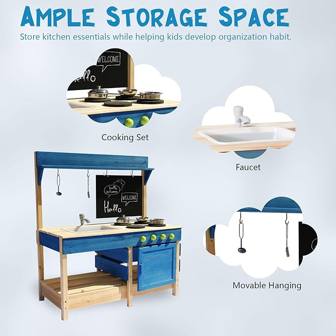 Mud Kitchen Playset for, Outdoor Wooden Toy Play Kitchen Set for Boys and Girls, Kitchen Accessories and Garden Sink with Faucet, Blackboard, Cookware Pot (Blue)