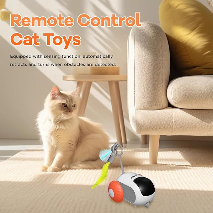 Turbo Tail 3.0 Interactive Cat Toy - Smart Remote Control Electric Mouse with Feathers, 3 Play Modes (Smart/Manual/Standby), Auto Obstacle Avoidance, Type-C, 8H Playtime - Blue & Orange