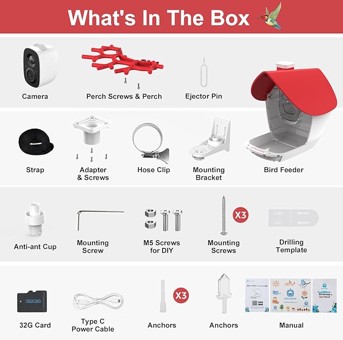 birdsnap® MON - Bird Feeder with Camera, 2K Detachable Video Bird Feeder Live with 32GB Card Fruit Fork, AI Identify Feather Species, Auto Record in Backyard, Ideal Gift for Birds Lover