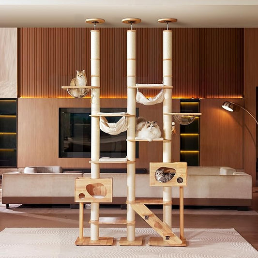 Wood Cat Tree for Indoor Cats, Modern Cat Tower, Unique Cat Condo with House, Tall Luxury Furniture with Heavy Duty Wide Base, Kraft Paper Rope Scratching Post, Removable Cushion (96.5-118.1 inch)