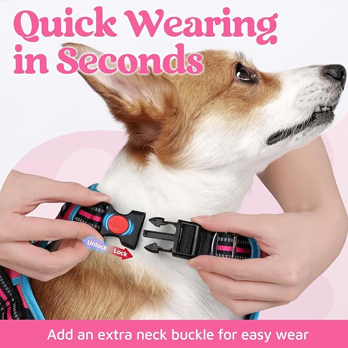 rabbitgoo Dog Harness for Large Dogs, No Pull Pet Vest with 3 Buckles, Adjustable Soft Padded Pet Harness with Easy Control Handle and Reflective Strips, Rose Pink & Blue, XL