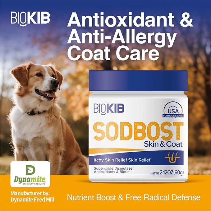 SODBOST Dog Allergy & Itch Relief, Cat Skin & Coat Supplement Powder -SOD Enzyme Skin Relief Formula for Allergy & Itch Relief & Reduces Shedding - Plant-Based, Made in USA - 60 Scoops