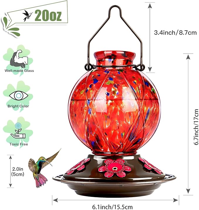 Hummingbird Feeder, BOLITE Glass Hummingbird Feeders for Outdoors Hanging, 20 Ounces, Leak Proof, Meshy Texture Ball Shape Bottle, Red, Birthday Gifts for Women Men, Gifts for Mom Dad