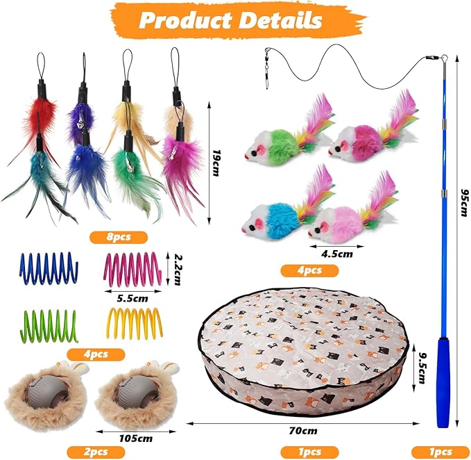 Cat Toys Pack, Interactive Cats Toys for Indoor Cat, Speedy Tail 2.0 Cat Toy, Teaser Feather Mouse Toy for Kittens (20PCS)