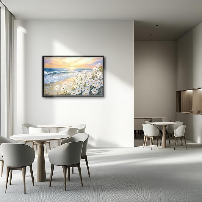 Large Beach Daisy Wall Art, Framed Coastal Beach Wall Decor for Living Room, Oversized Sunrise Canvas Painting Seascape Pictures Home Decoration for Living Room Bedroom Office 36"x24"