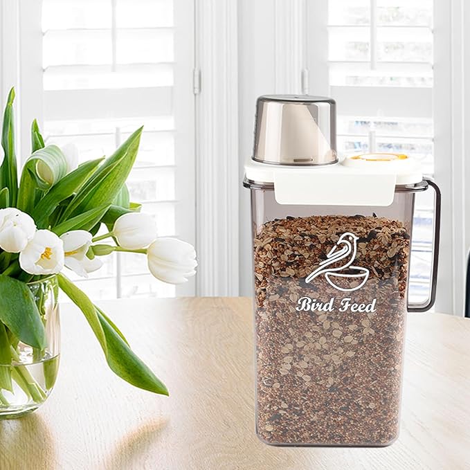 Bird Seed Storage 2L Airtight Pet Food Storage Containers Plastic Bird Food Container with Measuring Cup BPA Free Dog Food Containers for Dry Food Leakproof Seed Storages Container,Cat Bird