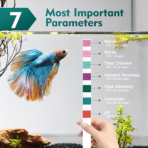 7 Way Aquarium Test Strips, 125 Count Fish Tank Test Strips for Freshwater Saltwater Pond, Water Testing Kit Aquarium for Chlorine, Total Hardness, Carbonate, Alkalinity, Nitrate, Nitrite and pH