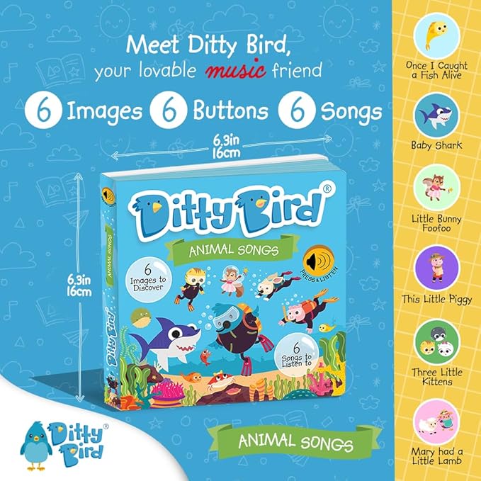 Ditty Bird Animal Songs Book for Toddlers โ Interactive Sound Book with Baby Shark & More | Musical Board Book for 1-3 Year Olds | Fun, Realistic Animal Sounds | Sturdy Sensory Book for Baby