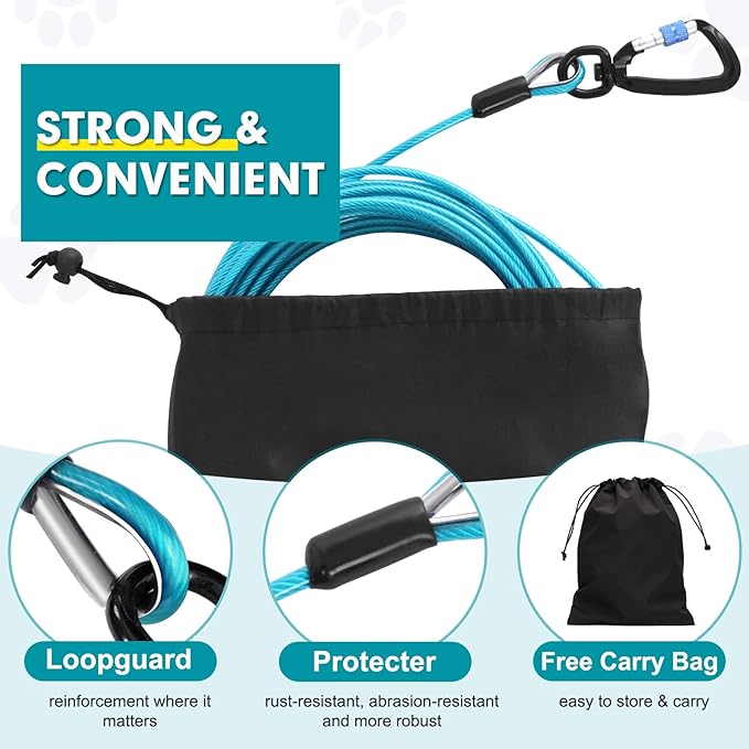 Snagle Paw 10FT Tie Out Cable for Dogs-1000LBS Break Strength,Heavy Duty Dog Leads for Yard with Shock Absorbing Spring & Swivel Hook,Dog Leash Cable for Outside,Dog Line Tether for Small Large Dogs