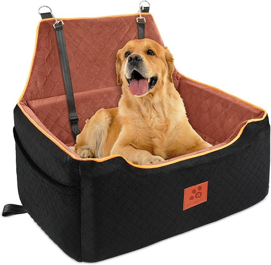 Dog Car Seat for Large/Medium Dog, Booster Seat for Dogs Under 55Lbs or 2 Small, Detachable and Washable Travel Pet Seat with Thick Cushion and Storage Pockets (Black/Brown)