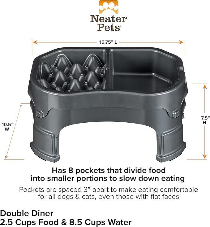 Neater Pet Brands – Neater Raised Slow Feeder Dog Bowl – Elevated and Adjustable Food Height - (Double Diner, Gunmetal)