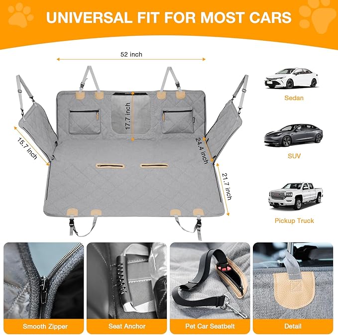 Dog Car Seat Cover, Hard-Bottom Back Seat Extender for Pets, Waterproof Nonslip Hammock for Car, Backseat Dog Bed for Cars SUVs Trucks, Car Seat Protector, Universal Fit 52 x 25 in, Grey