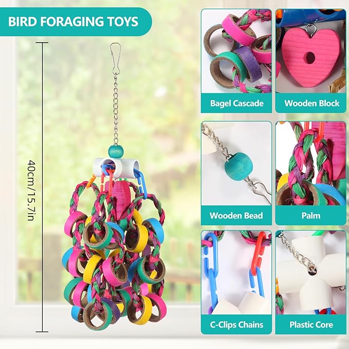 Bird Toys Conure Toys,Bird Parrot Foraging Shredder 24 Pcs Colorful Bagel Chewy Rings for Small Parrots Parakeets Conures Cockatiels Love Bird Cage Accessies (W)
