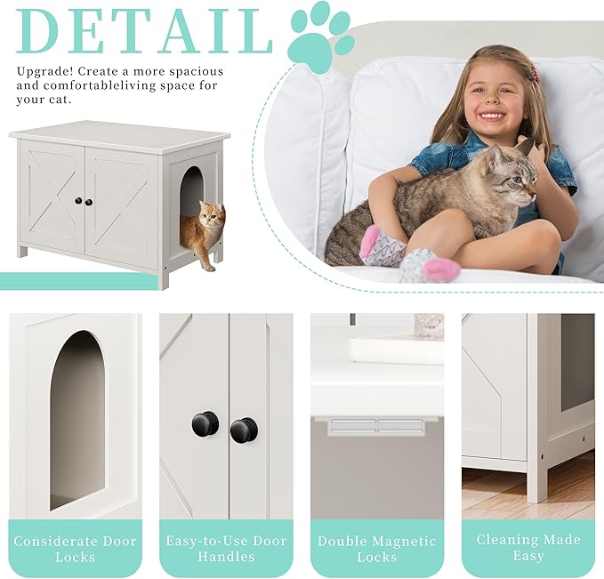 Vongrasig Cat Litter Box Enclosure,Litter Box Furniture Hidden with Barn Door,Wooden Cat Washroom Furniture,Cat House,End Table, Fit Most of Litter Box, White