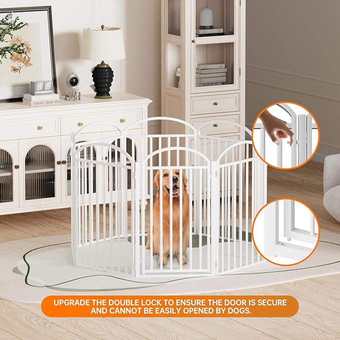 8 Panles Full Matel Freestanding Dog Gates with Door, 192"Extra Wide 36"Tall Free Standing Dog Pet Gate for Indoor & Outdoor. Foldable Pet Fences for Doorways, House, Stairs, Porch, Deck, Yard