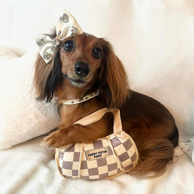 Haute Diggity Dog Haute Diggity Checker Chewy Vuiton Dog Handbag - Medium Plush Designer Dog Toys with Squeaker & Machine-Washable Enrichment & Safe Materials for All Breeds, Size Medium