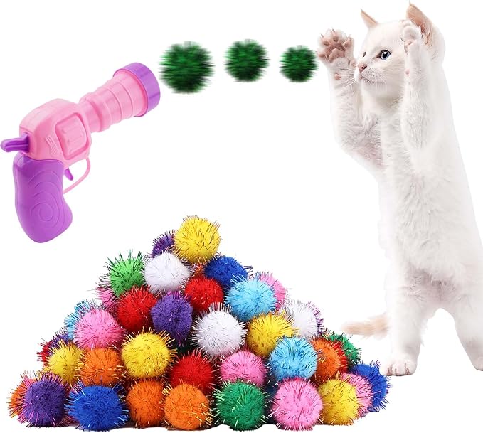 102Pcs Cat Toy Gun Launcher - 100 Sparkle Pom Pom Balls and 2 Ball Launchers, Interactive Fetch Toy Shooter for Indoor Cats and Kitty