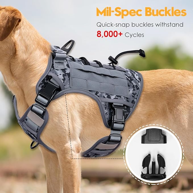 Heavy-Duty Tactical Dog Harness for Large Dogs, No Pull Adjustable Reflective Pet Vest with Molle System, K9 Military-Grade Control for Service Training, Outdoor & 10+ Breeds, Gray Camo, X-Large