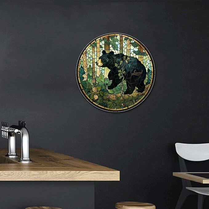 Lygond Metal Sign Tin Sign Circular Stained Glass American Black Bear Funny Bathroom Wall Decor for Restaurant 12×12 Inches