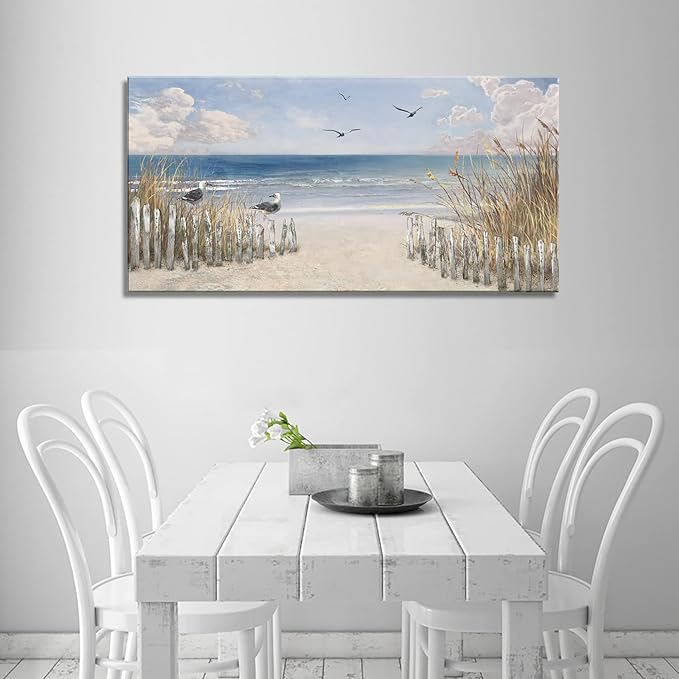 XXMWallArt FC3762 Sandy Beach Wall Art Canvas Print Wall Art Seascape Blue Print Home Decor Abstract Coastal Picture Modern Ocean Artwork for Living Room Bedroom Bathroom Office Decor