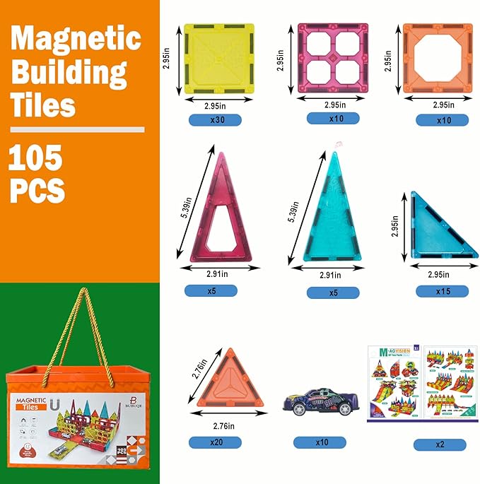 Magnetic Tiles Parking Building Playset with 10 Pull-Back Metal Cars for Kids Construction STEM Toy Preschool Creativity Learning Birthday Gift for Girls Boys Toddlers 3 4 5 6 7 8
